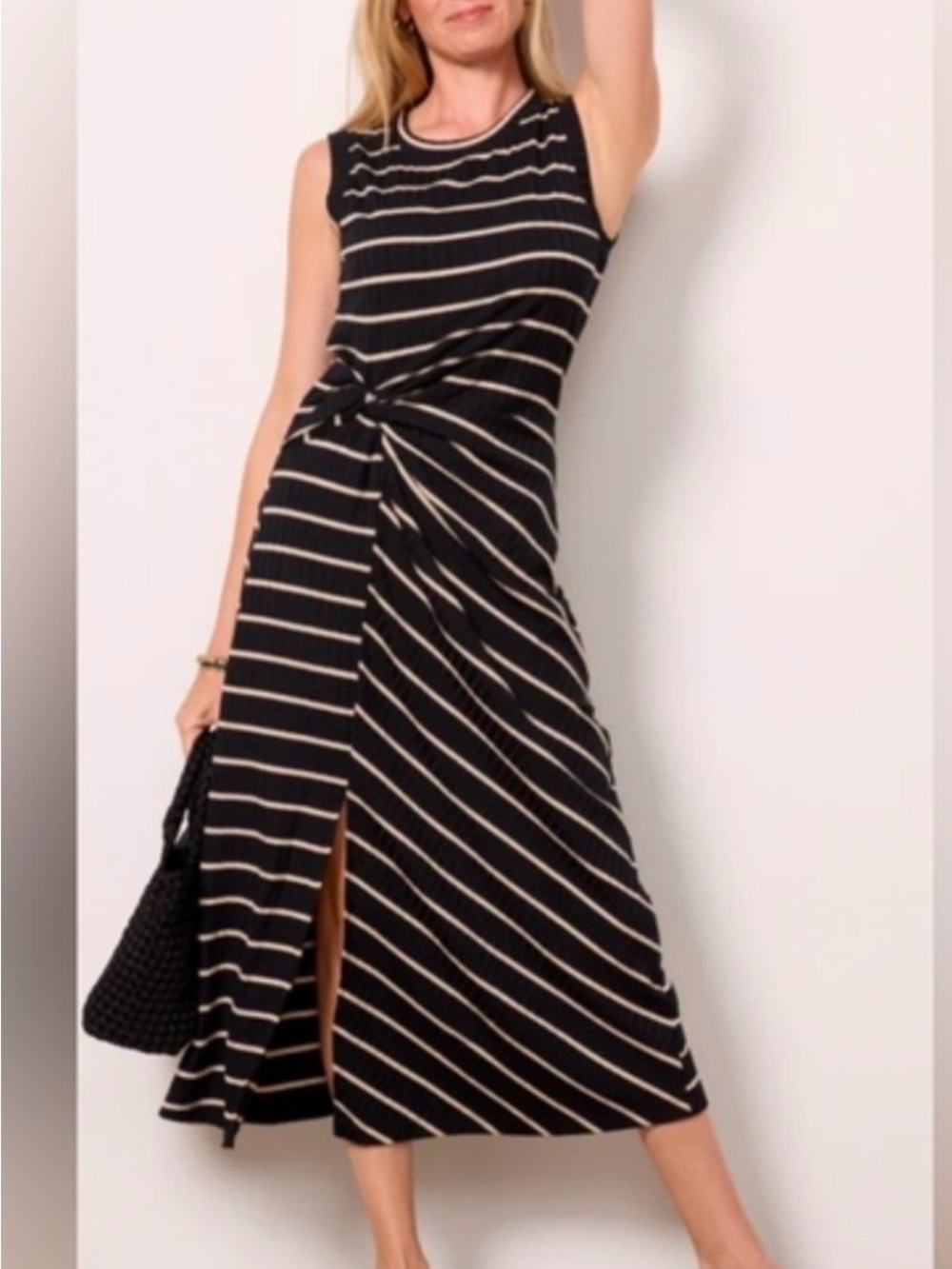 Evereve Gemma Black & Cream Striped Sleeveless MIDI Dress Sz XS